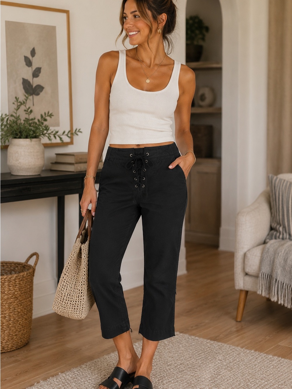 BLUE DOT Black Crop Capri Pants Lace Up Front 100% Cotton Casual Designer 2 S